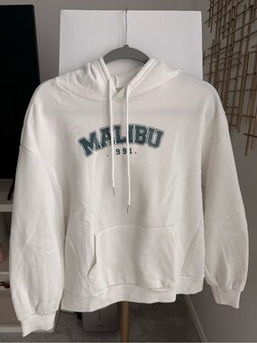 Malibu Crewneck Hoodie in White with Green Logo